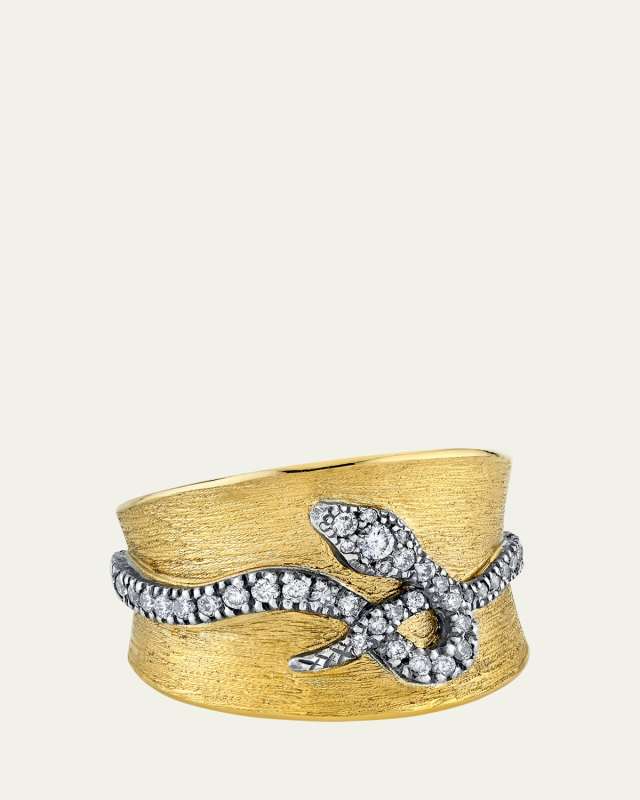18K Yellow Gold and Oxidized Silver Snake Cigar Band Ring with Diamonds